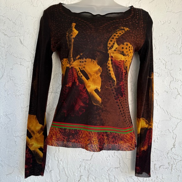 IPSE Tops - IPSE Sheer Mesh Long Sleeve Y2K Top Women Medium Abstract Floral Animal Artsy